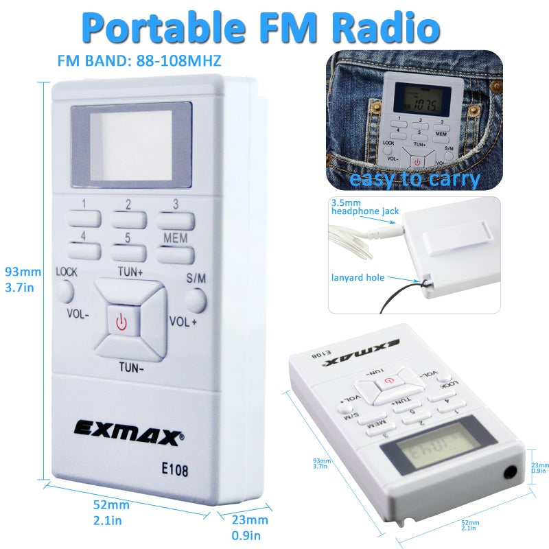 EXMAX E108 Wireless FM Radio Receiver Portable DSP Stereo Pocket Mini Receiver Digital Samll Earbuds LCD Clock for Translator Tour Guide System FM Transmitter Work - White - Image 2